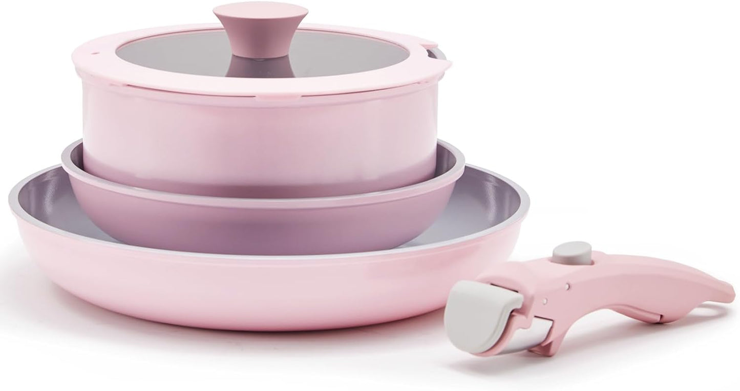 Non Stick Pot and Pan Set with Removable Handle, Ceramic Cookware Set Detachable Handle, 5Pcs Induction Kitchen Camping Stackable Pots Pans, Dishwasher/Oven Safe, Pink, PTFE/PFOA/PFAS Free