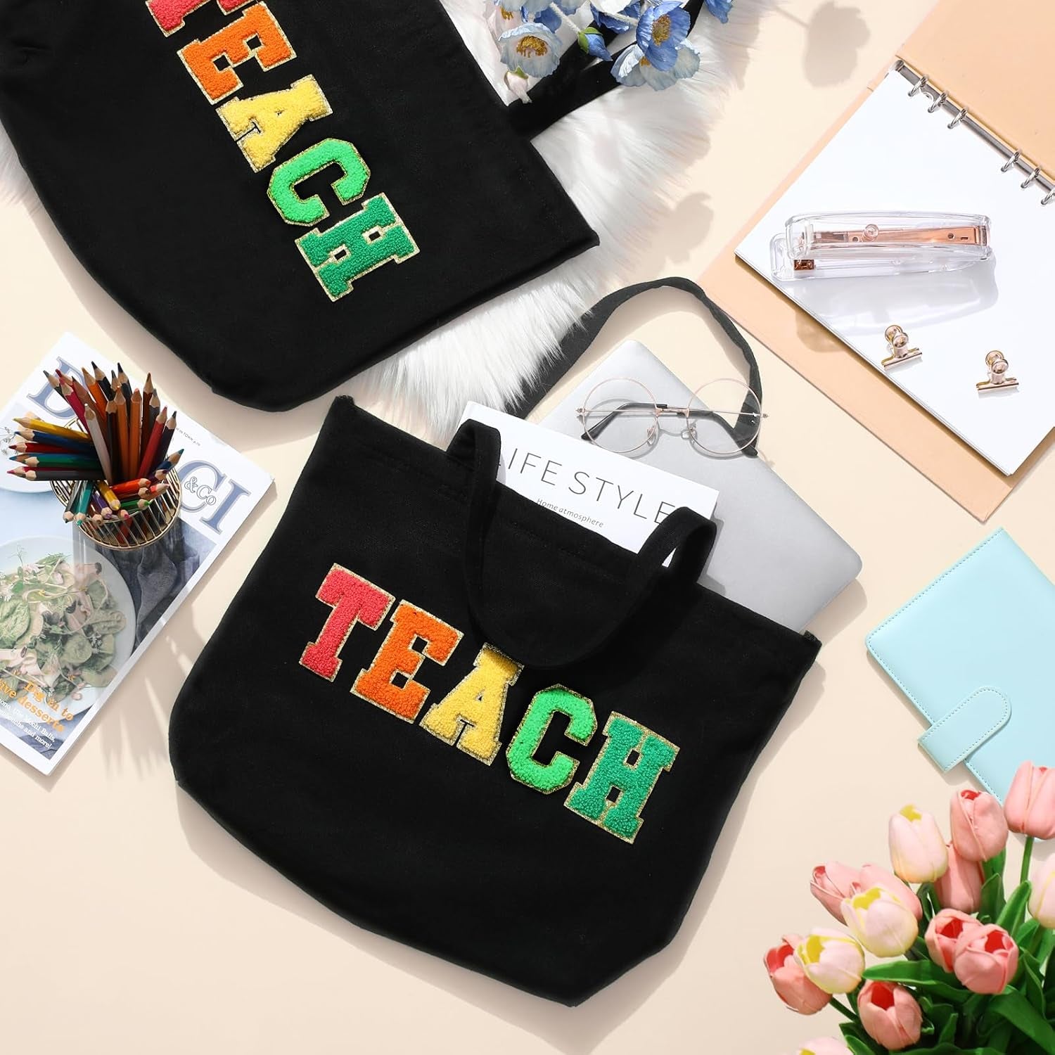 10 Pcs Teacher Tote Bags Women Teacher Appreciation End of the Year Gifts Canvas Letter Patches Handbag