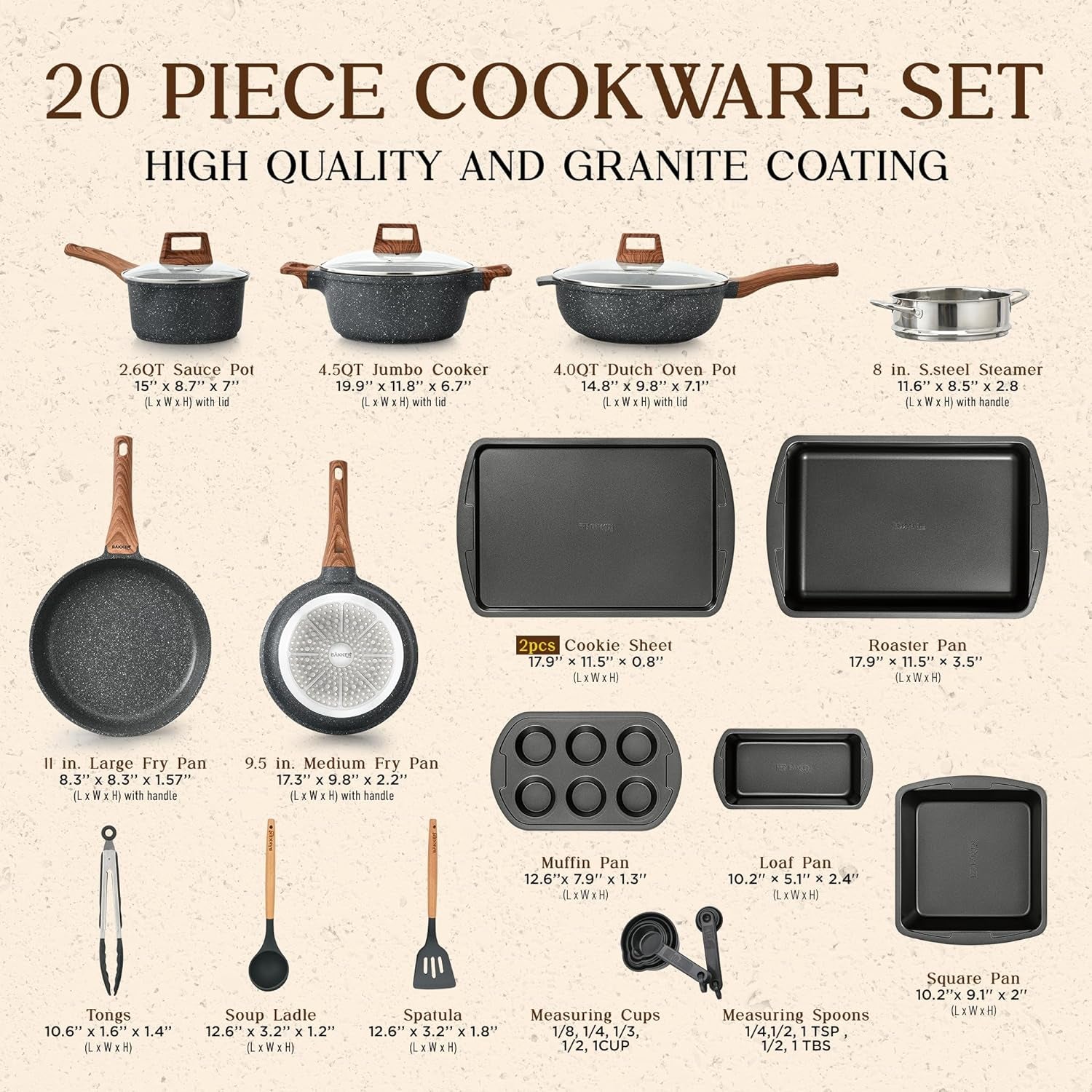 Bakken-Swiss 20-Piece Kitchen Cookware Set – Granite Non-Stick – Eco-Friendly – for All Stoves & Oven-Safe - Marble Coating