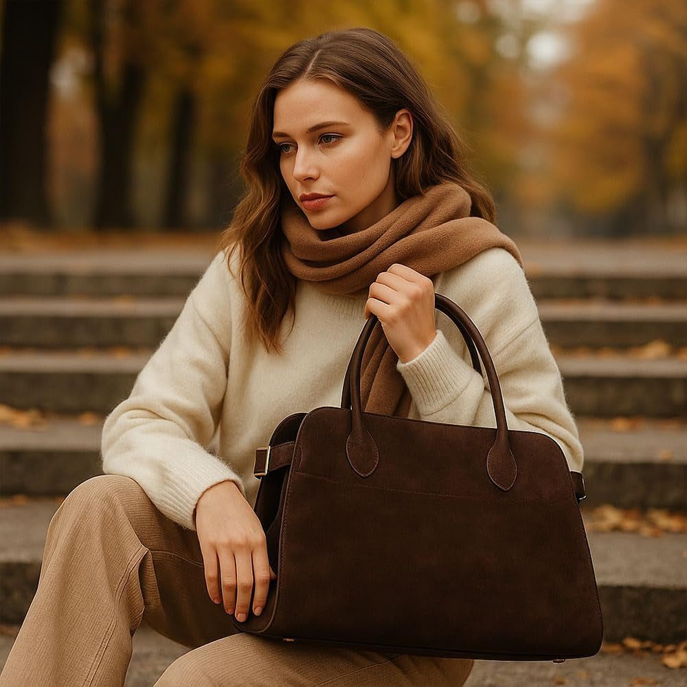 [15 In] Suede Tote Bag for Women Large Retro Top Handle Shoulder Handbag Leather Work Tote Bags for Office Travel