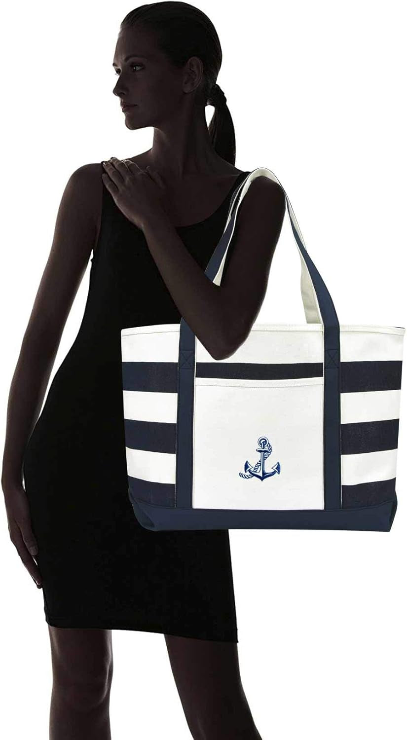 Anchor with Rope Womens Embroidered Striped Tote Bag Premium Cotton