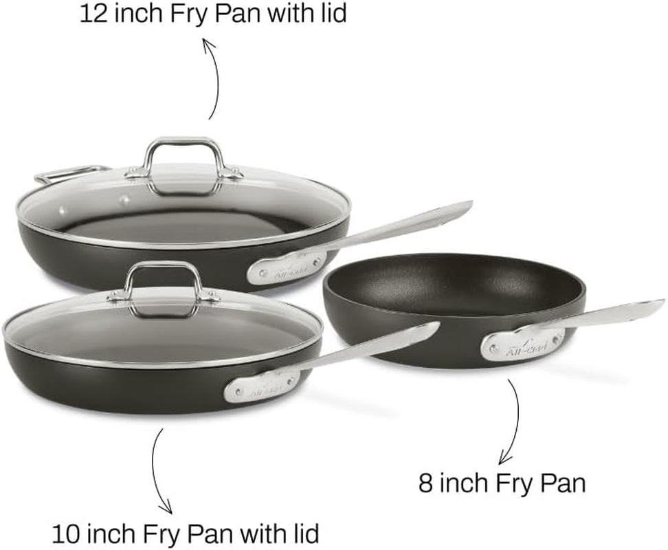 All-Clad HA1 Hard Anodized Non Stick Fry Pan Set 3 Piece, 8, 10, 12 Inch, Induction, Oven Broiler Safe 500F, Lid Safe 350F, Skillets, Frying Pans W/ Lid, Pots and Pans Set Non Stick, Cookware, Black