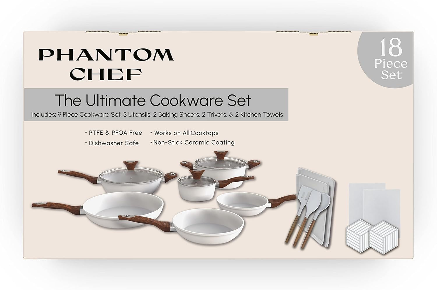 PHANTOM CHEF 18-Piece Cookware Set | Non-Stick Ceramic Coating | Oven & Dishwasher Safe | Pfoa-Free | Aluminum Pots & Pans Set with Lids | Stay-Cool Handles | Induction Stovetop Compatible (Beige)