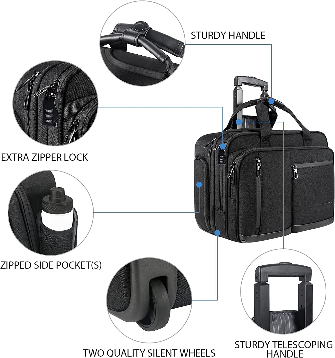 VANKEAN 17.3 Inch Rolling Laptop Bag, Waterproof Overnight Rolling Bags, Laptop Bags for Travel/Work/Business, Stylish Carry on Briefcase, Black