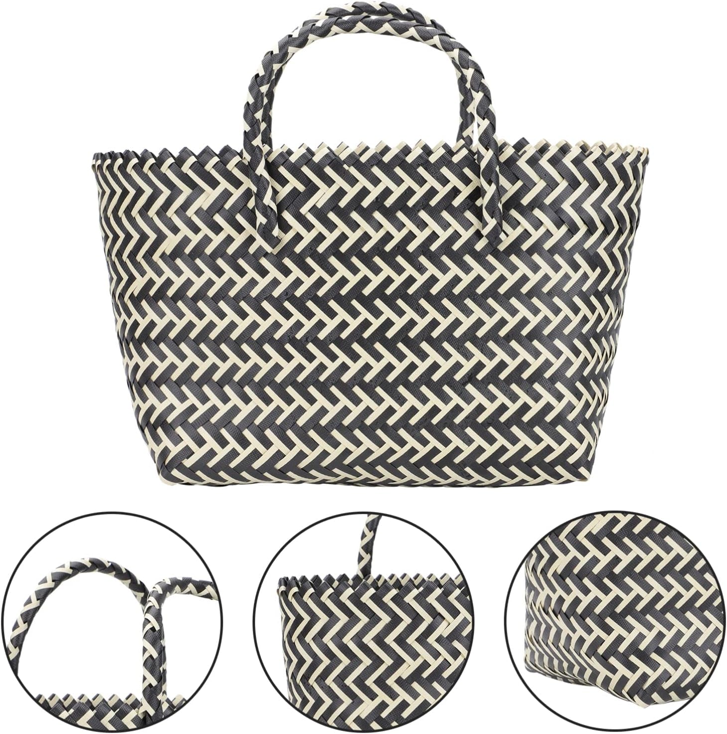 1Pc Urban Handwoven Striped Bag for Women Large Capacity Casual Tote Fashionable Plastic Shopping Bag Lightweight Woven Design for Daily Use