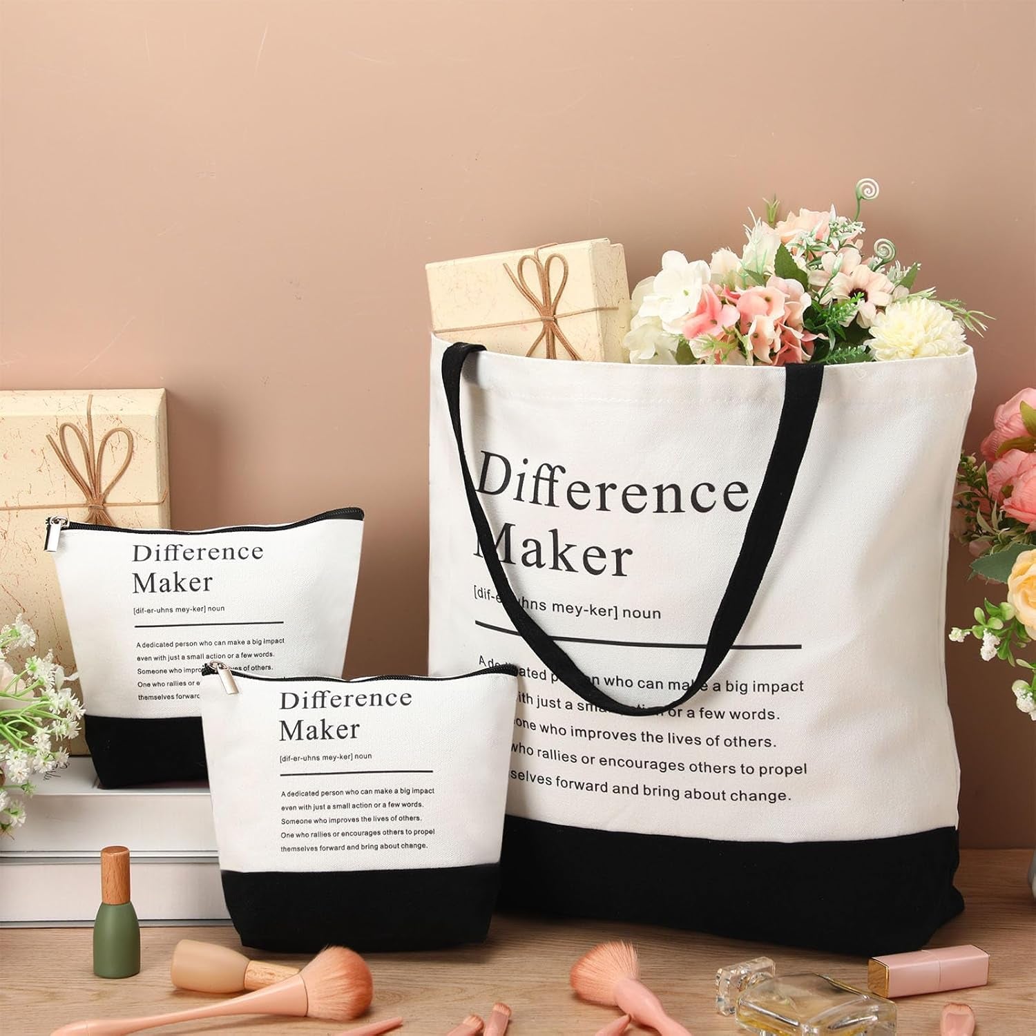 Paterr 24 Pcs Difference Maker Gifts Bulk for Women 12 Pcs Difference Maker Tote Bag 12 Cosmetic Makeup Bags for Her Leader Mentor Manager Appreciation Gifts for Boss Women