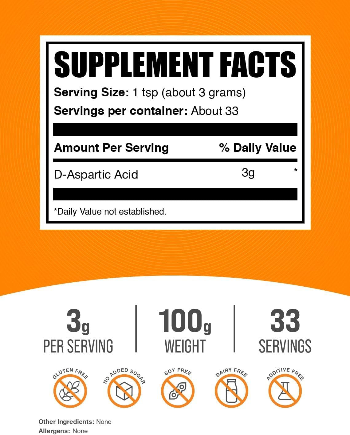 Bulksupplements.Com D-Aspartic Acid Powder - D-Aspartic Acid Supplement for Men, Unflavored Amino Acid - Pure & Gluten Free, 3G per Serving, 100G (3.5 Oz) (Pack of 1)