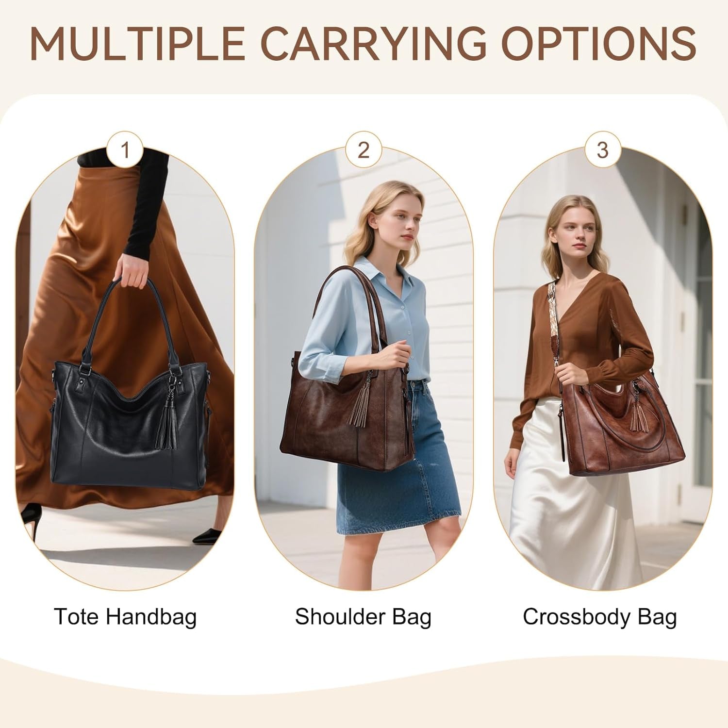 VASCHY Hobo Bag for Women, Leather Tote Bag Purse with Zipper Guitar Strap