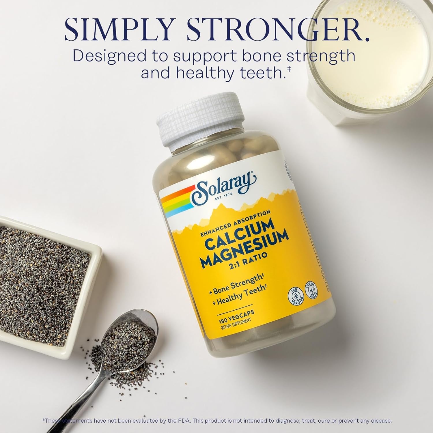 SOLARAY Calcium Magnesium Supplement, Magnesium & Calcium Supplements for Women and Men, 2:1 Ratio, Bone Health & Strength, Vegan, High Absorption, 60-Day Guarantee, 45 Servings, 180 Vegcaps