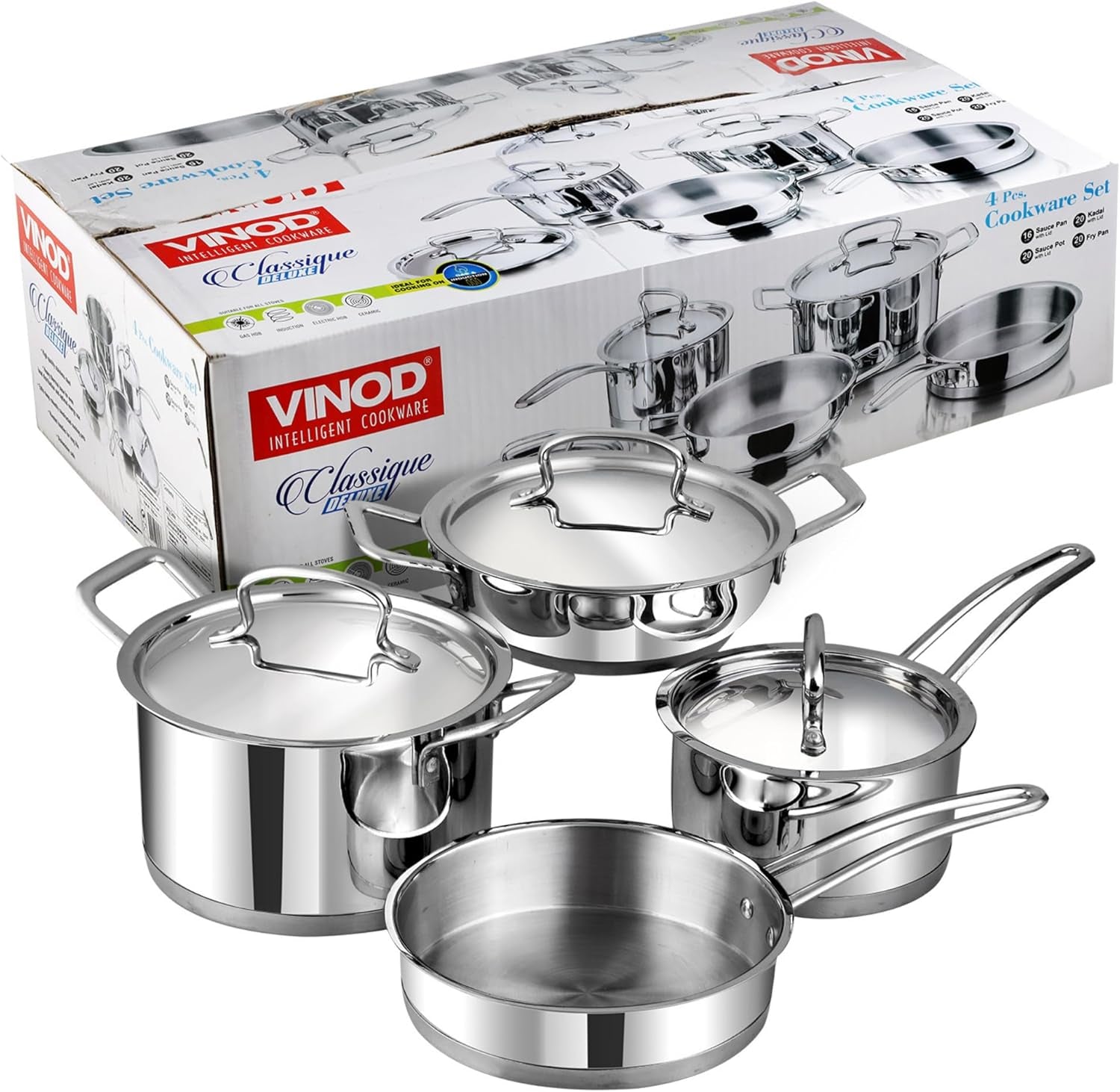 Vinod Classic Deluxe 4 Pcs Stainless Steel Cookware Combo Set Of/Saucepan, Sauc