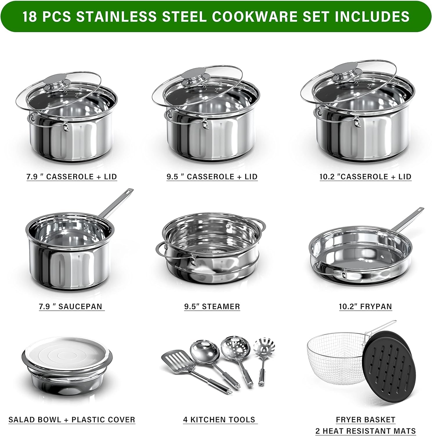 18-Piece Stainless Steel Kitchen Cookware Set, Including Saucepan, Casseroles with Tempered Glass Lid, Frypan, Steamer, Salad Bowl with Cover, Fryer Basket, Heat Resistant Mat & Utensils Set, Silver