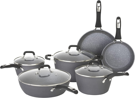 Bialetti Impact Textured Nonstick 10 Piece Oven-Safe Cookware Set, Gray - 10-Piece Set, Micro-Divot Textured Aluminum, Nanotec-Infused Nonstick Surface, Comfortable Silicone Handles, Oven-Safe