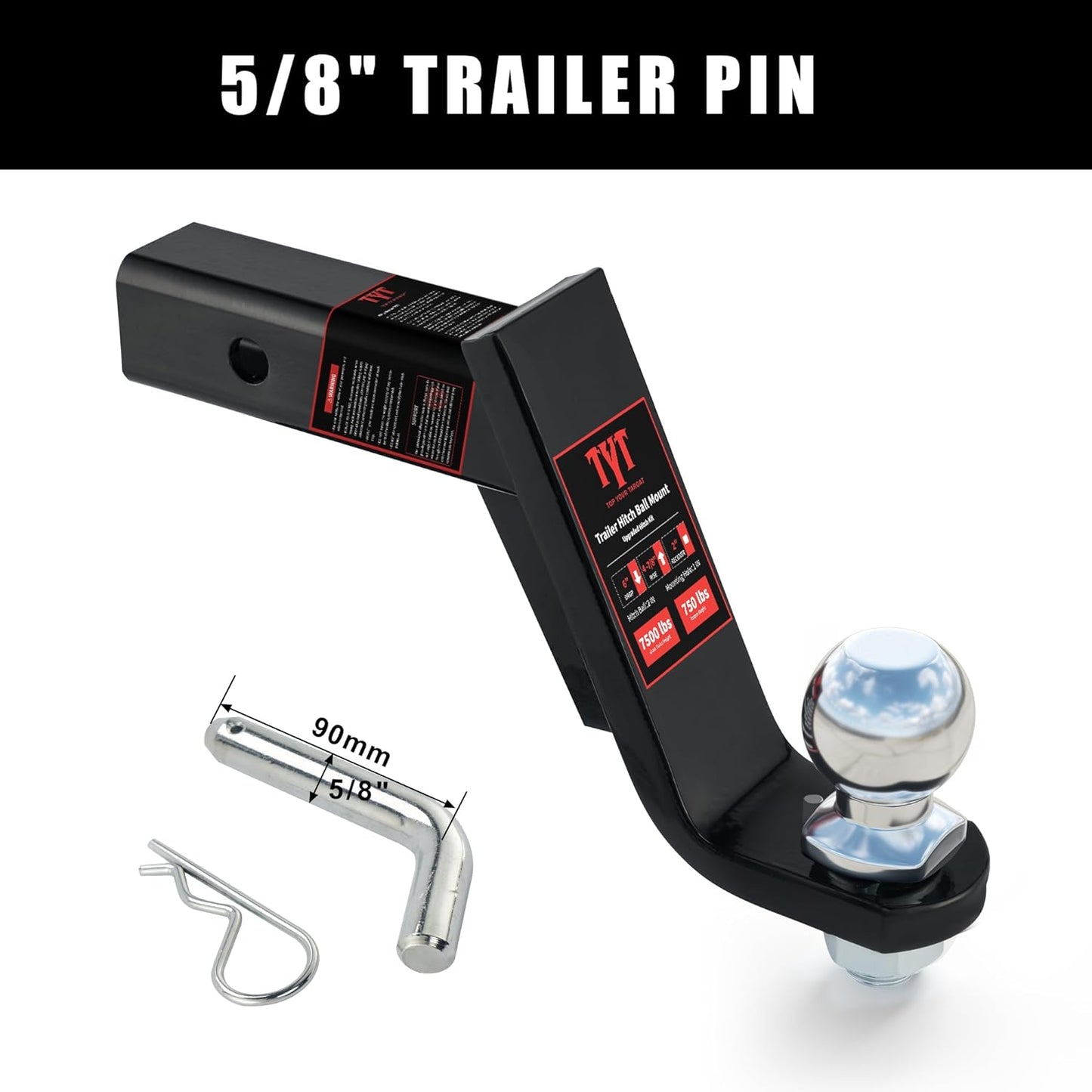 TYT Trailer Hitch Ball Mount with 50.8 Mm Ball & Pin, Fits 50.8 Mm Receiver, 3,4