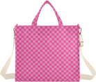 Pink Checkered Tote Bag for Women Large Corduroy Canvas Tote Bag Teacher Crossbody Bag for Office Travel College