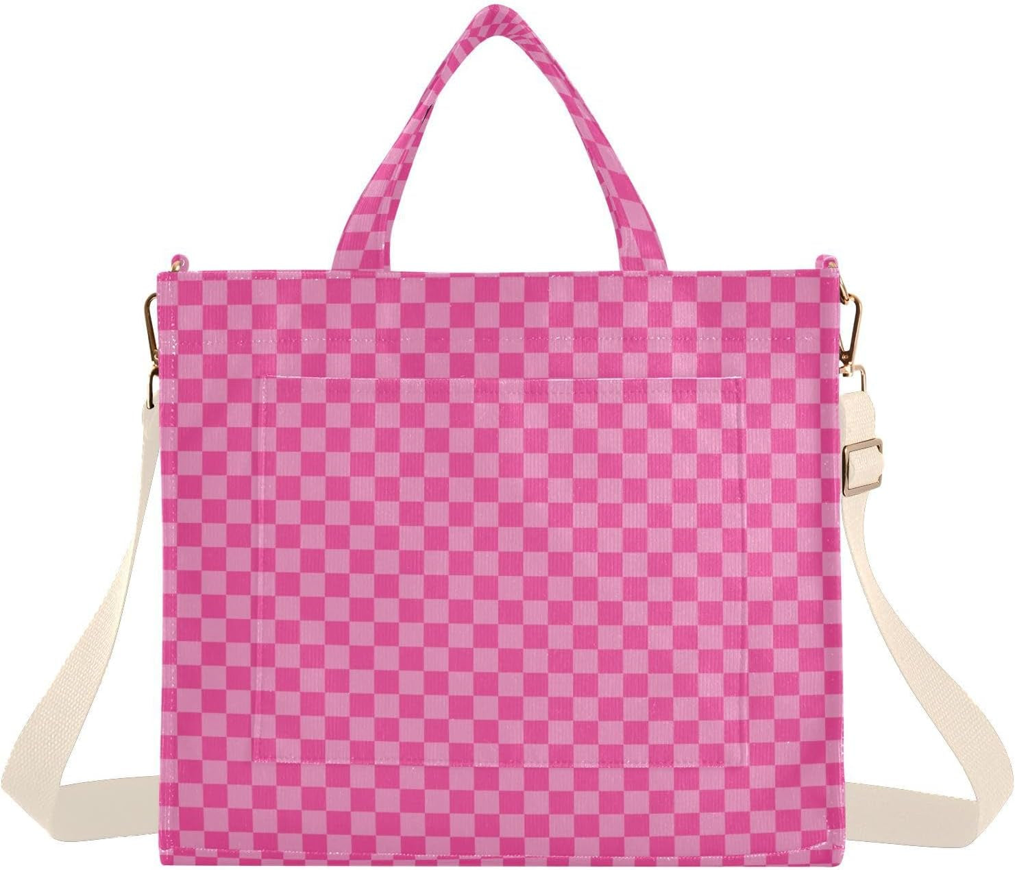 Pink Checkered Tote Bag for Women Large Corduroy Canvas Tote Bag Teacher Crossbody Bag for Office Travel College