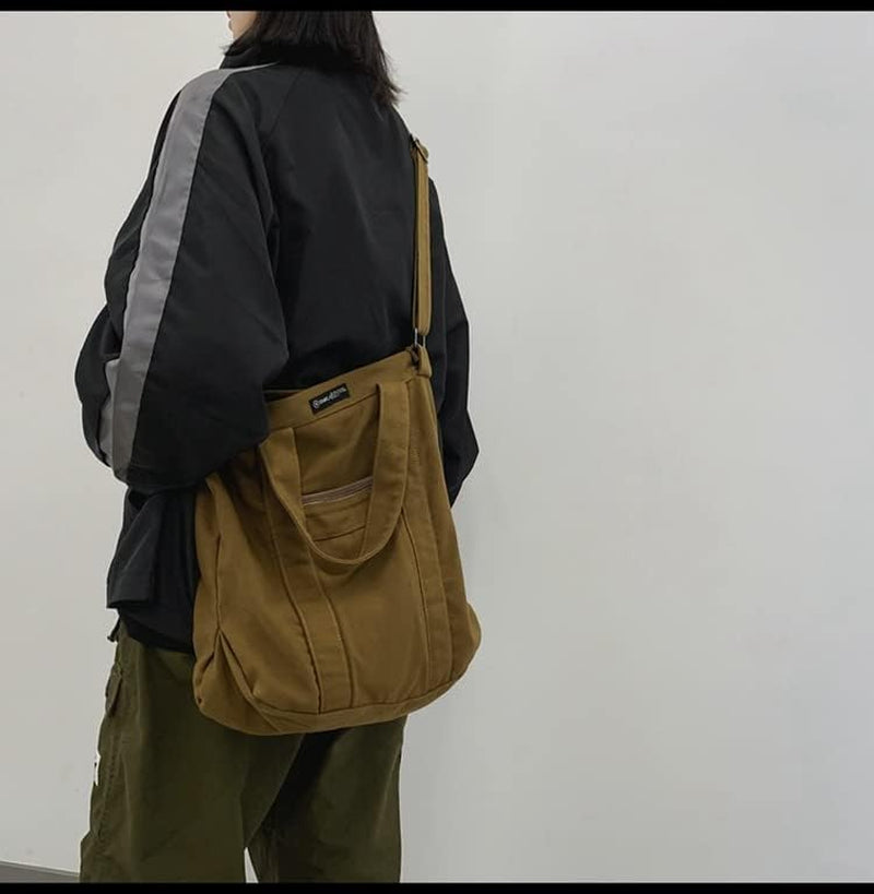 Unisex Retro Crossbody Bag Canvas Large Capacity Purse Vintage Fairy Grunge Hobo Tote Bag Multiple Pockets Handbag (Brown)