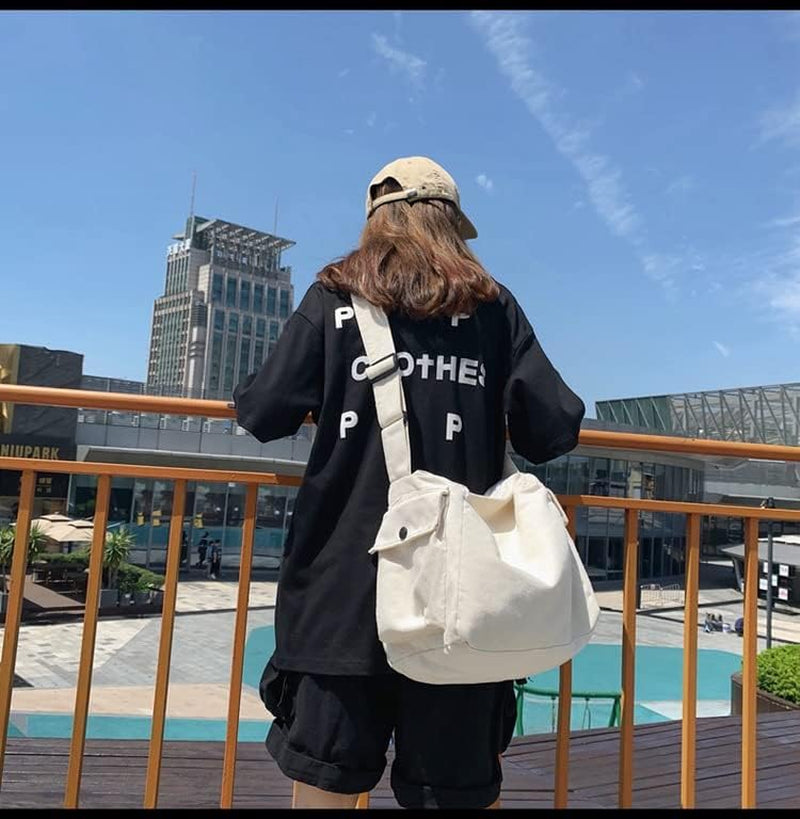 Grunge Canvas Casual Messenger Bag Hobo Crossbody Bag with with Multiple Pockets Shouder Tote Handbag for Women and Men (White)