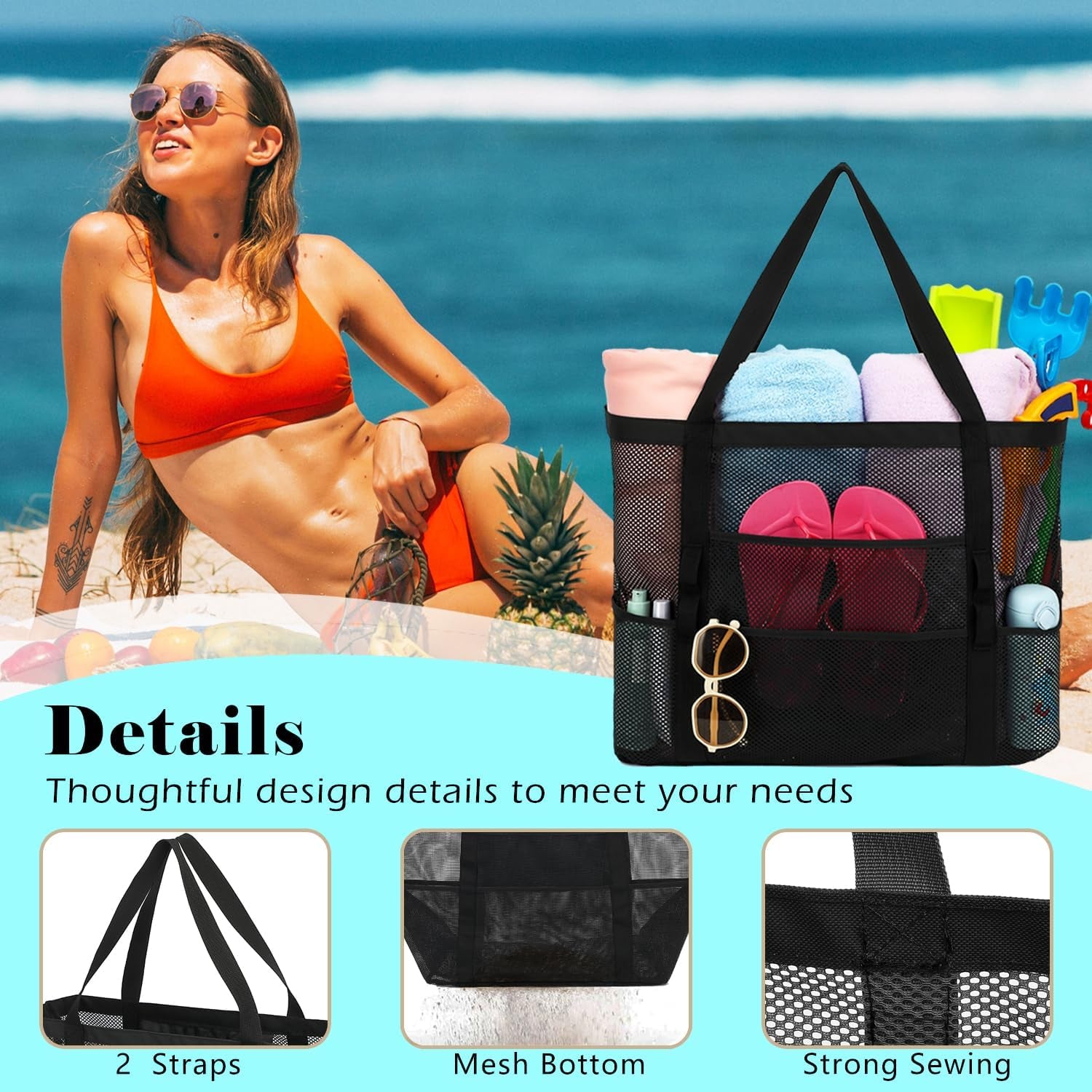 Mesh Beach Bag - Large Beach Tote Bag with Multiple Pockets for Family Beach Bag for Toys & Vacation Essentials