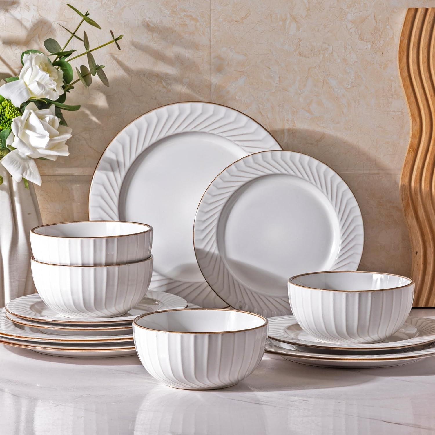 (12 Pcs) Ceramic Dinnerware Sets, Embossed Elegant Stoneware Plates and Bowls Se