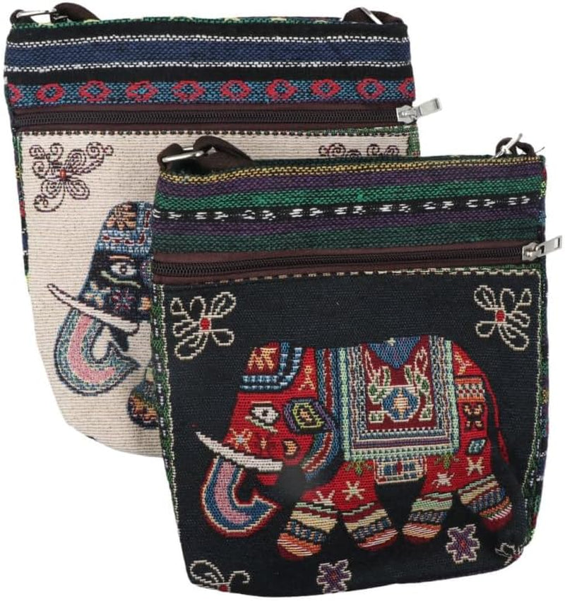 2Pcs Vintage Elephant Embroidery Handbag Crossbody Bag, Personality Women Knitted Tote Shoulder Purse Canvas Bag