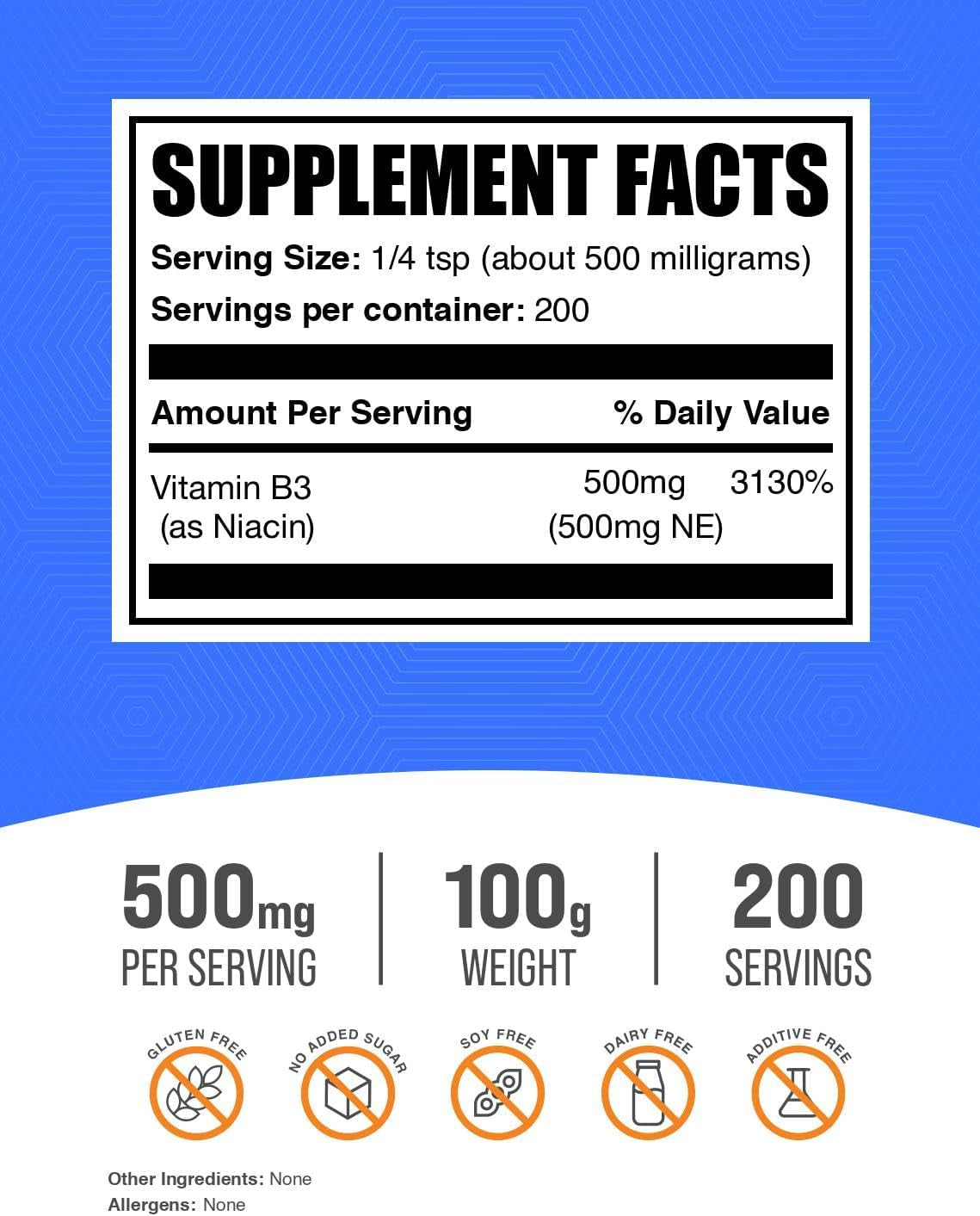 Bulksupplements.Com Niacin Powder - Vitamin B3 Supplement, Niacin Flush - Gluten Free, 500Mg per Serving, 100G (3.5 Oz) (Pack of 1)