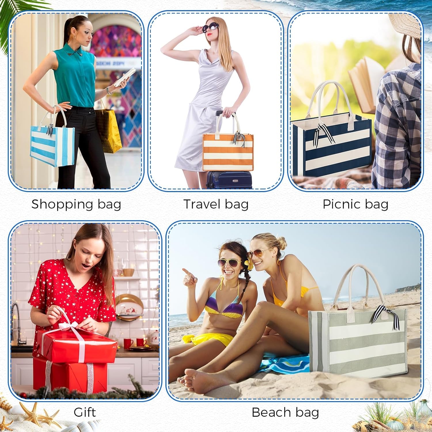 10 Pcs Canvas Tote Bags Bulk for Women Canvas 17 X 12 X 8 Inch Waterproof Stripe Sandproof Large Beach Tote Bags with Handle for Wedding Bridesmaid Birthday Summer