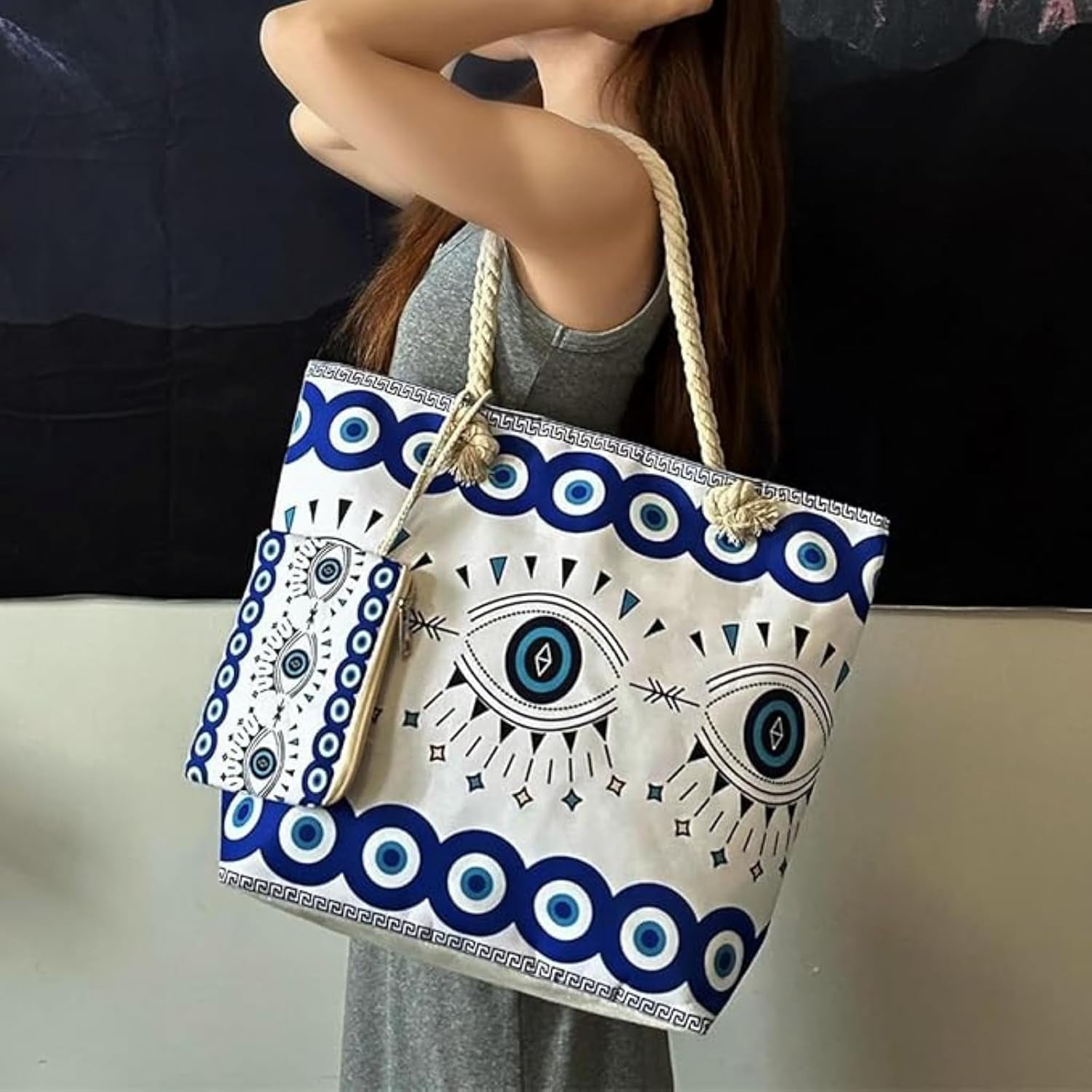 Evil Eye Beach Tote Bag,Handmade Canvas Shoulder Bag With,Multifunctional Shopping Bag,Suitable for Travel and Daily Use.