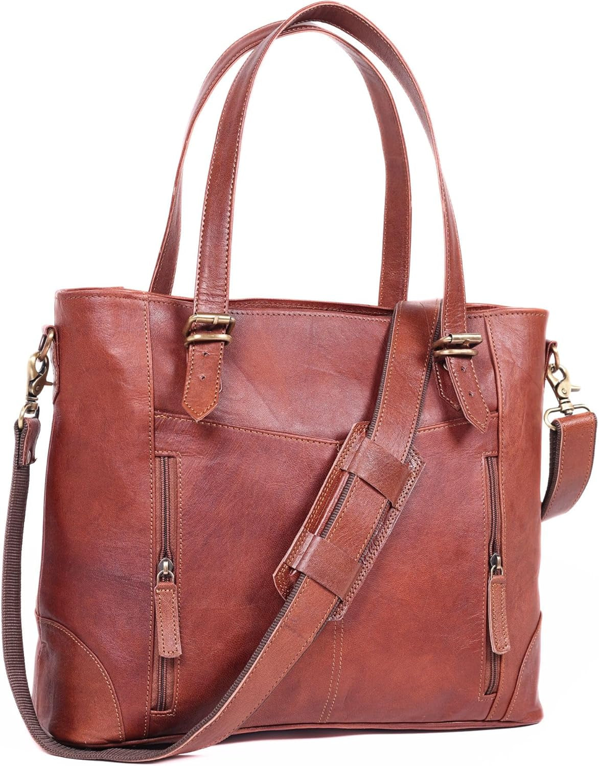 17-Inch Large Leather Tote Bag for Women Genuine Brown Leather Laptop Bag with Zipper Professional Briefcase, Computer Tote for Work, Business, Travel, & Daily Use
