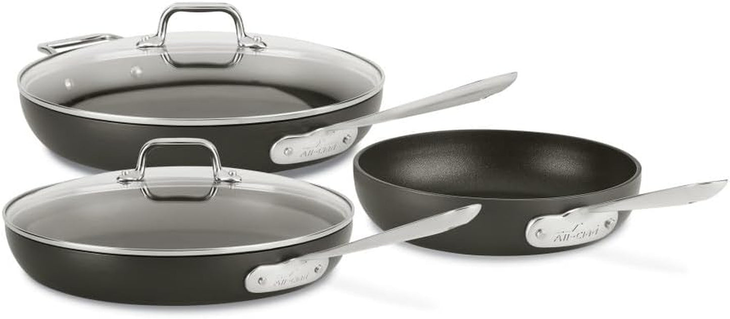 All-Clad HA1 Hard Anodized Non Stick Fry Pan Set 3 Piece, 8, 10, 12 Inch, Induction, Oven Broiler Safe 500F, Lid Safe 350F, Skillets, Frying Pans W/ Lid, Pots and Pans Set Non Stick, Cookware, Black