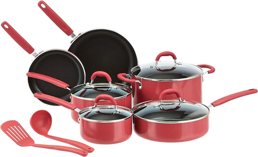 Amazon Basics Aluminum NS 12Pc Red Cookware Set, 12 Piece