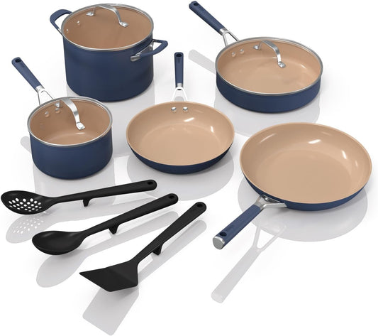 Ninja CW49011 Extended Life Ceramic 11-Piece Cookware Set with Comfort Grip, Nonstick Fry Pans, Pots, PFAS Free, Oven Safe, Dishwasher Safe, All Stovetops & Induction Compatible, Navy Blue