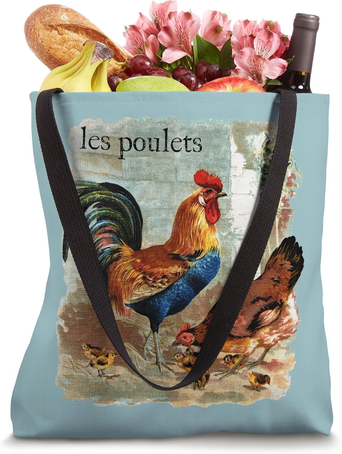 Vintage Chickens Rooster Art Les Poulets French Language Tote Bag