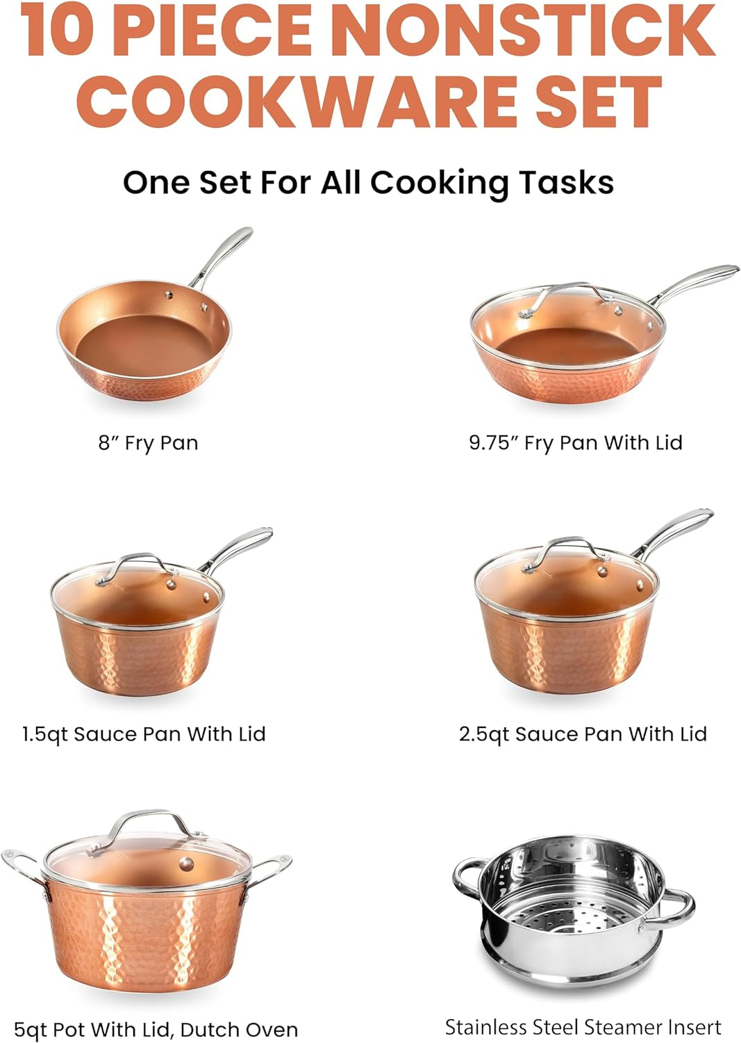 Gotham Steel Hammered Copper 10 Pc Pots and Pans Set Non Stick Cookware Set, Non Toxic Ceramic Cookware Set, Kitchen Cookware Sets with Induction Cookware, Pot and Pan Set, Oven/Dishwasher Safe