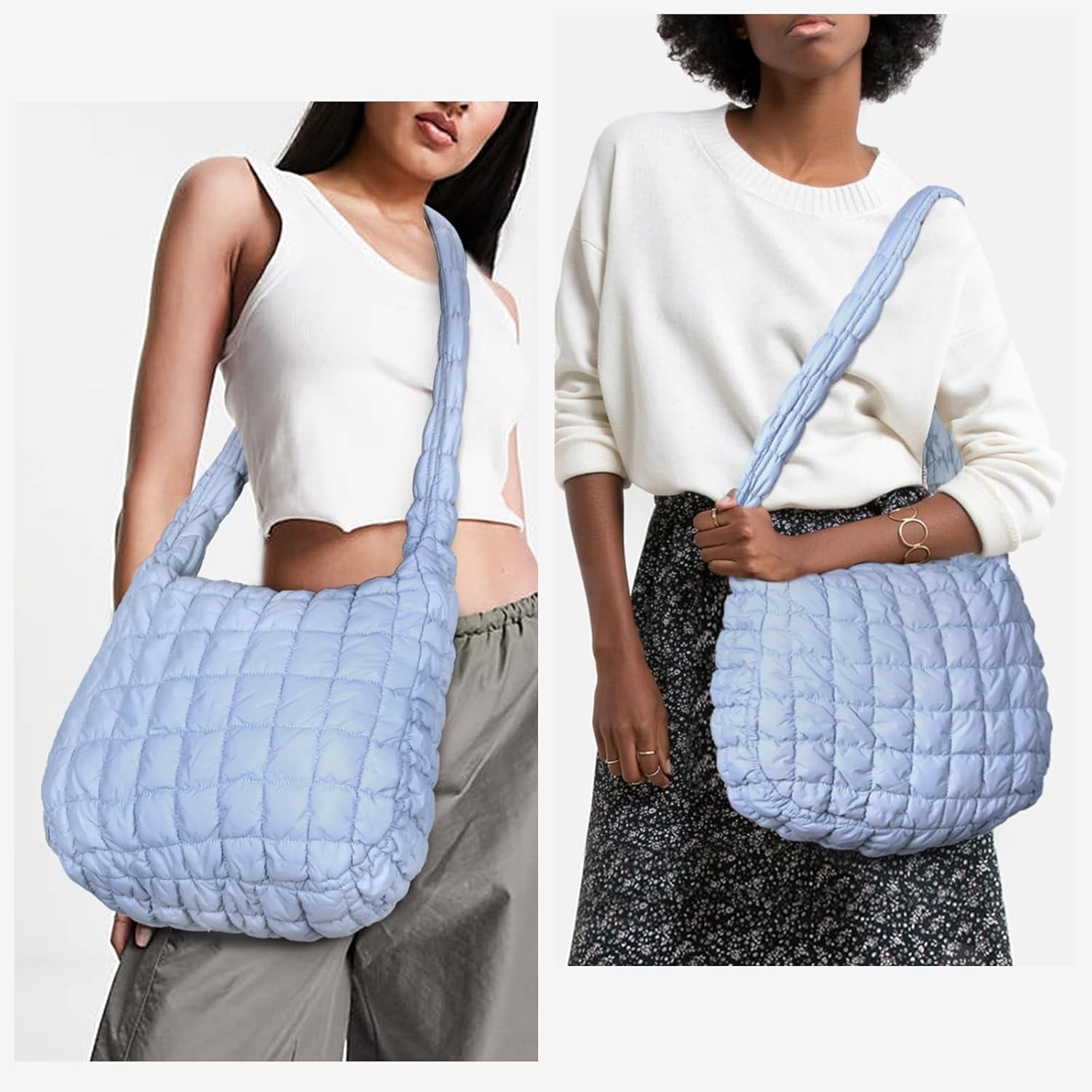 YFGBCX Quilted Tote Bag for Women - Lightweight Puffer Shoulder Bag, Padded Hobo Crossbody with Zip Closure - A07-Light Blue
