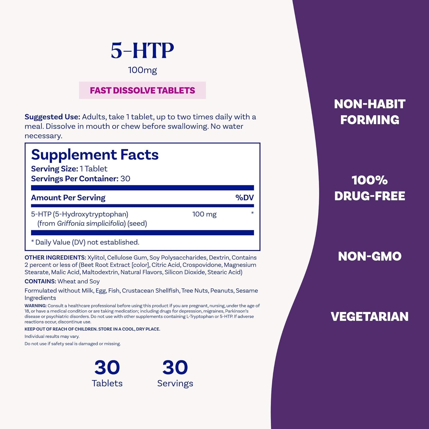 Natrol 5-HTP 100 Mg, Fast Dissolve Supplement, Supports a Balanced Mood, Serotonin Production and General Well-Being, 30 Mixed Berry Tablets, up to a 30 Day Supply