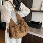 Spacious Suede Fringe Shoulder Bag for Women Vintage Slouchy Hobo Tote Purse Western Fringe Handbag