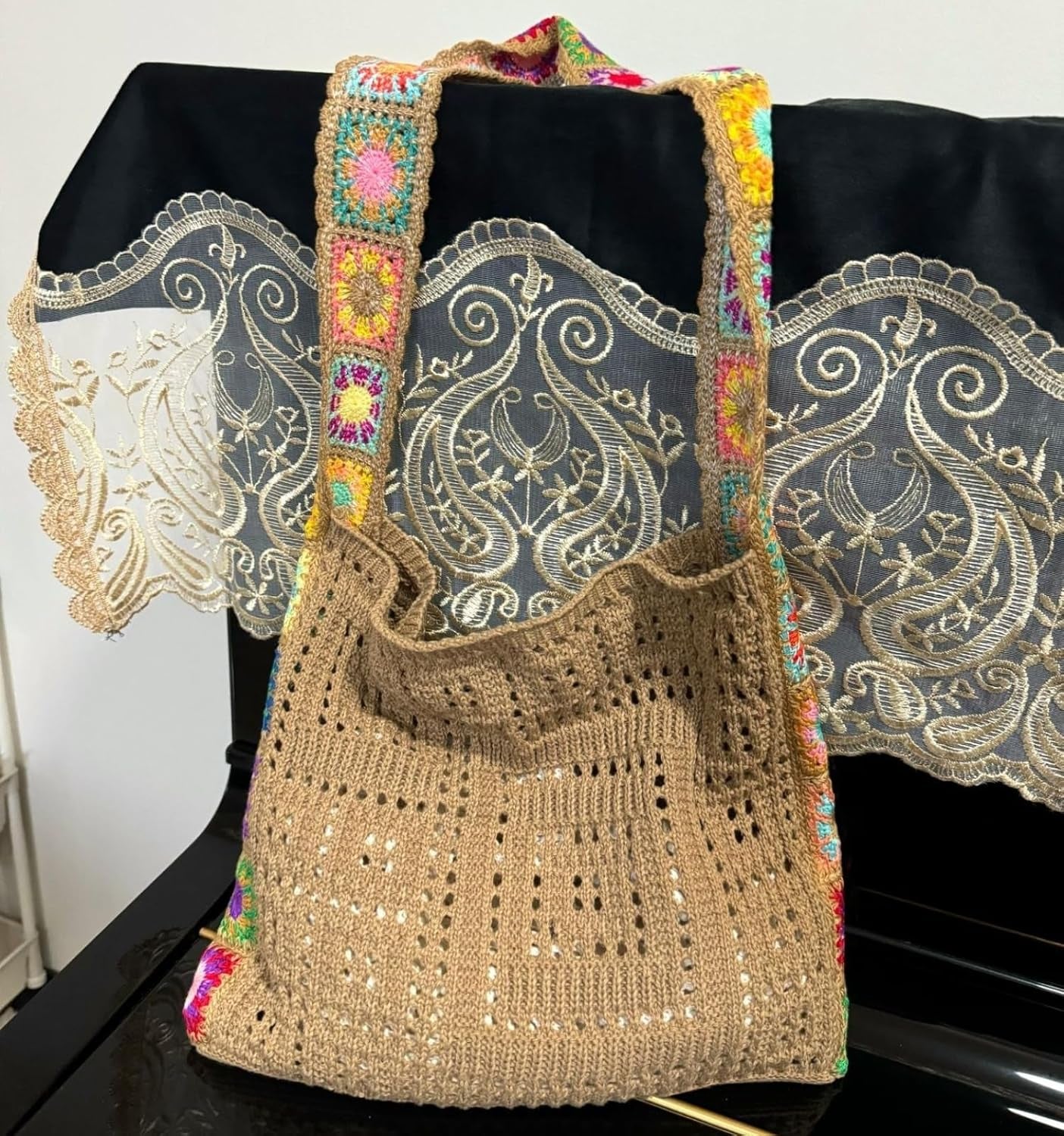 Women'S Boho Embroidery Crossbody Bag Hollow Out Crochet Knit Shoulder Bag Knited Bag Handbag Summer Beach Tote