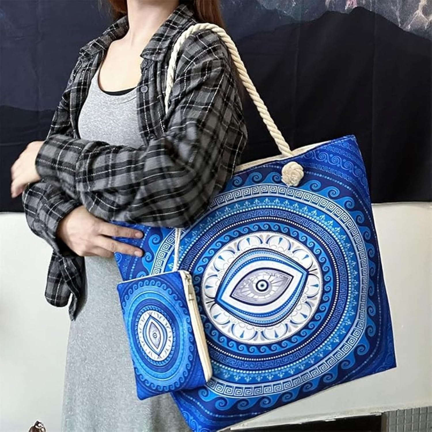 Evil Eye Beach Tote Bag,Handmade Canvas Shoulder Bag With,Multifunctional Shopping Bag,Suitable for Travel and Daily Use.