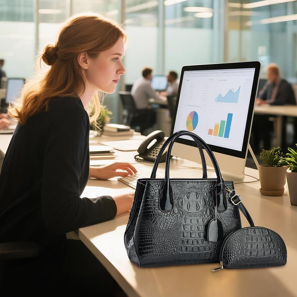 Crocodile Embossed PU Leather Handbag Set - 2-Piece Tote with Matching Pouch, Stylish and Durable Shoulder Bag for Women (Black)