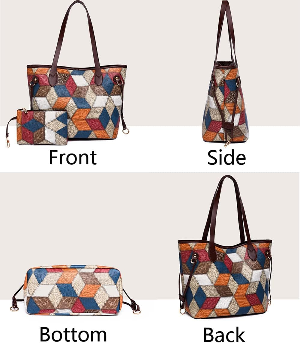 2Pcs Tote Purse and Handbag Set for Women PU Splicing Color Block Shoulder Bags Clutch Wallet