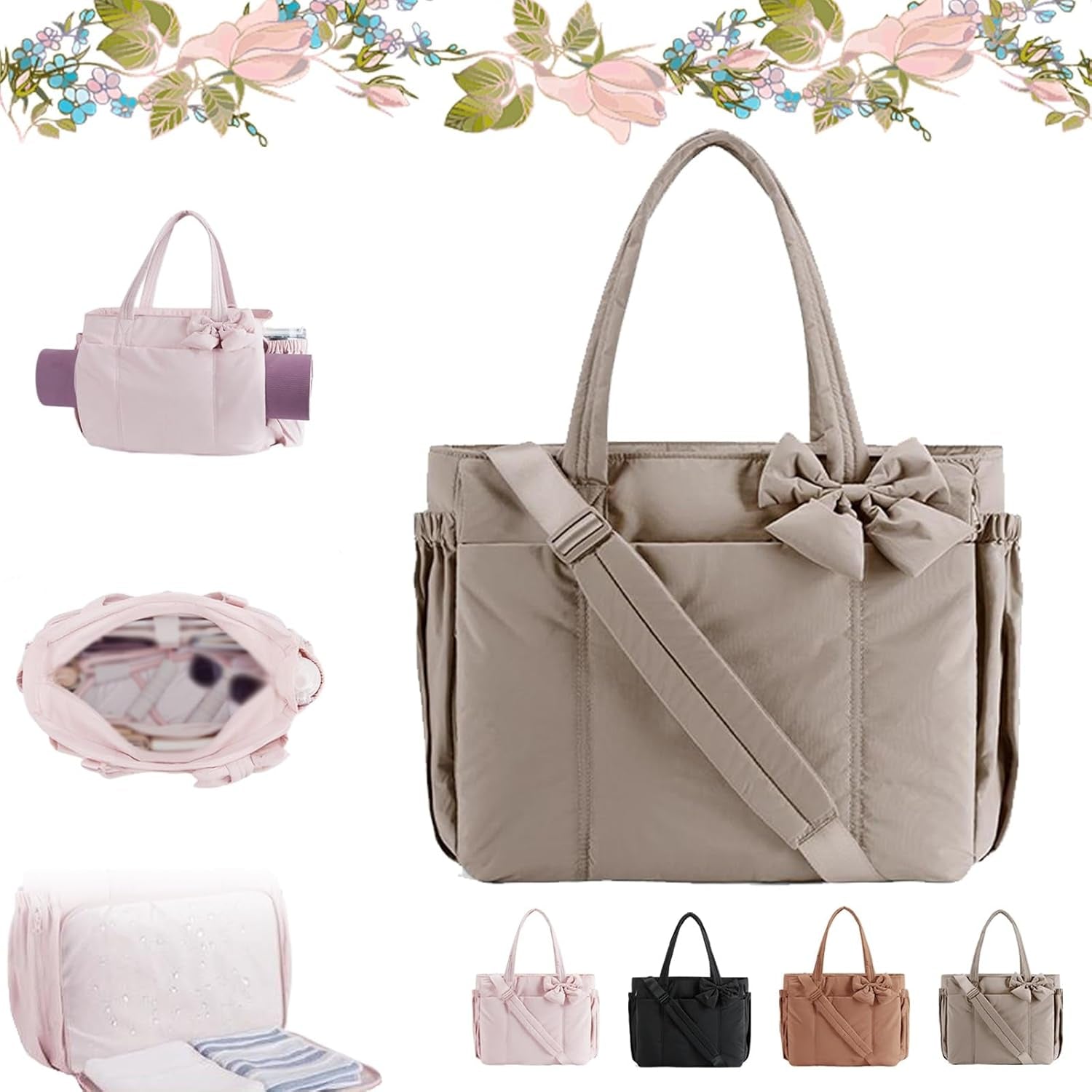 Crush Bow Tote Bag for Women, Lightweight Puffy Quilted Bow Handbag Shoulder Bag with Compartments for Daily, Work,Travel