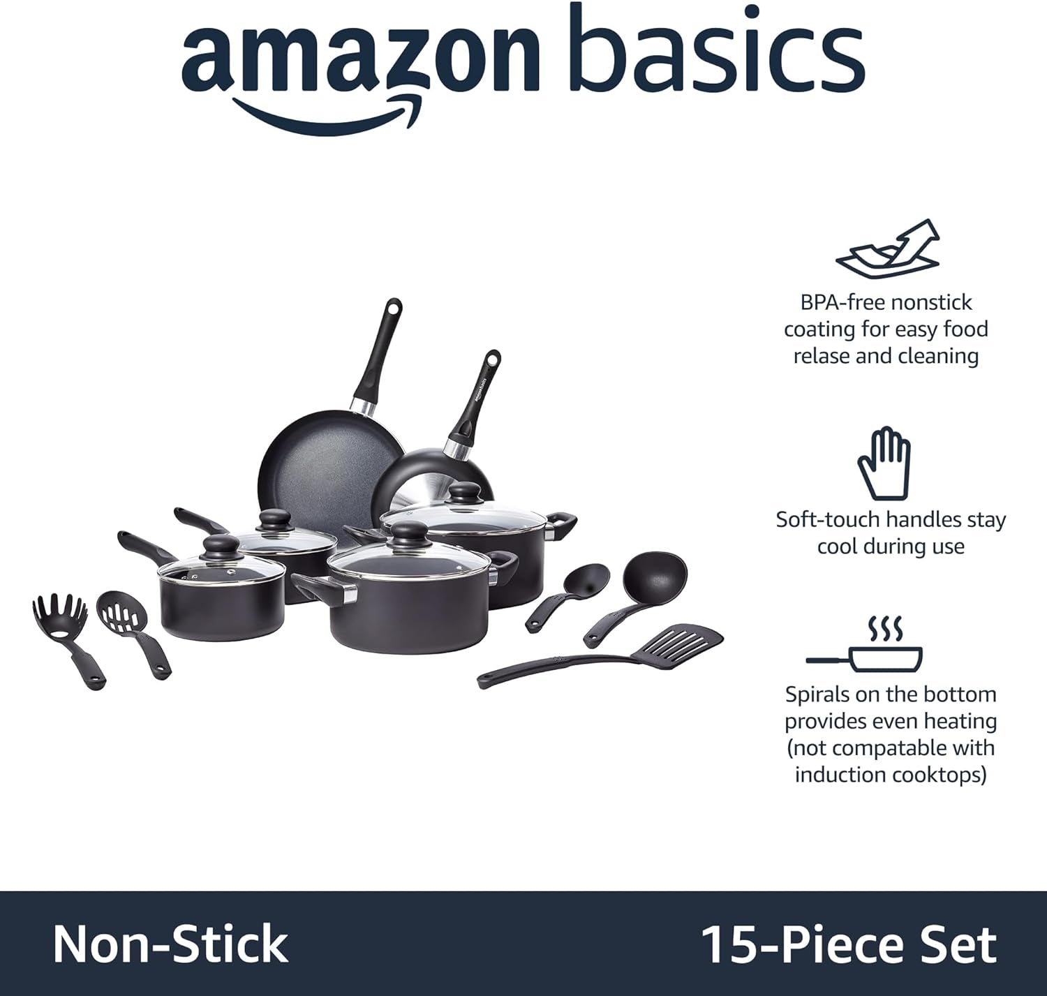 Amazon Basics Non-Stick Cookware 15-Piece Set, Pots, Pans and Utensils, Black