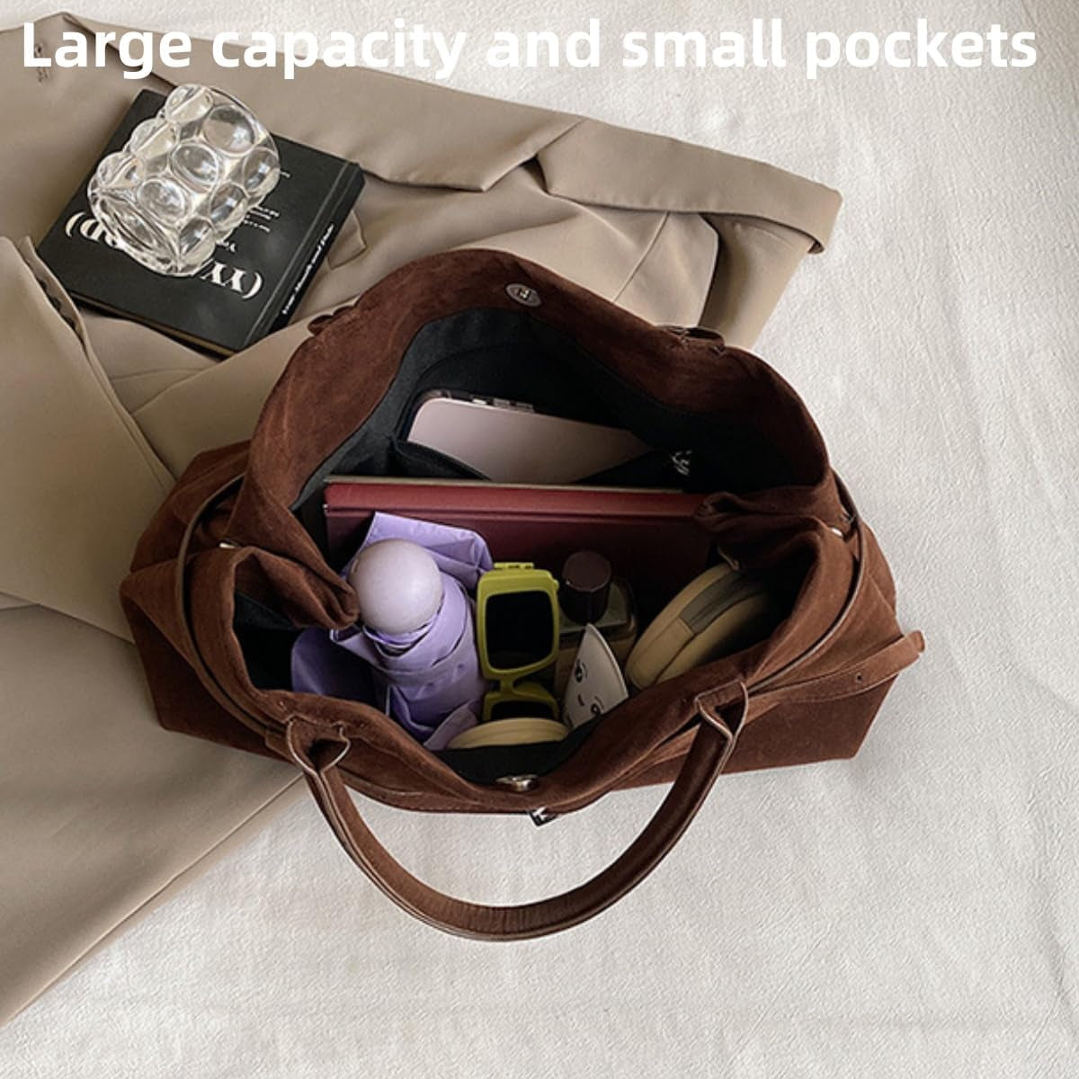Suede Tote Bag for Women,Women'S Large Capacity Suede Top-Handle Work Hobo Handbag,Vintage Faux Suede Shoulder Satchel
