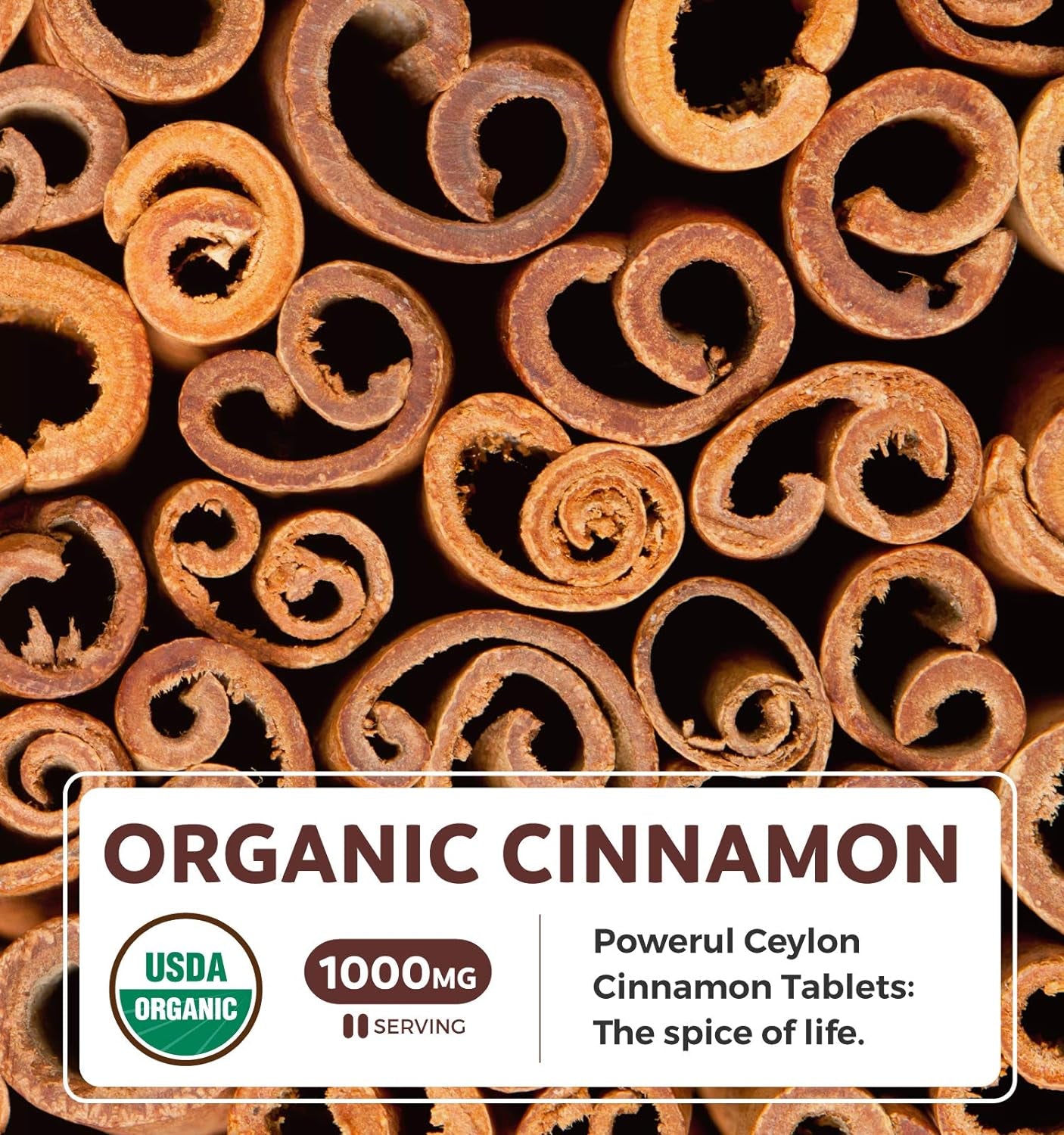 USDA Organic Ceylon Cinnamon (60 Tablets) 1000Mg Cinnamon Quill Powder per Serving - Natural Cinnamon Supplements for Effective Metabolism, Cognative, Joint, Immune Support - (No Capsules or Pills)