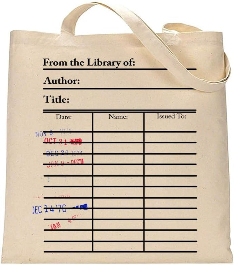 Universal Zone Library Card Tote Bag with Vintage Due Date Stamps, Book Lover Canvas Bag, Literary Handbag, Reusable Book Tote