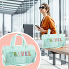 2 Pcs Travel Preppy Duffle Bag and Chenille Letter Makeup Pouch Cosmetic Zipper Patch Makeup Tote Bag(Mint Green)