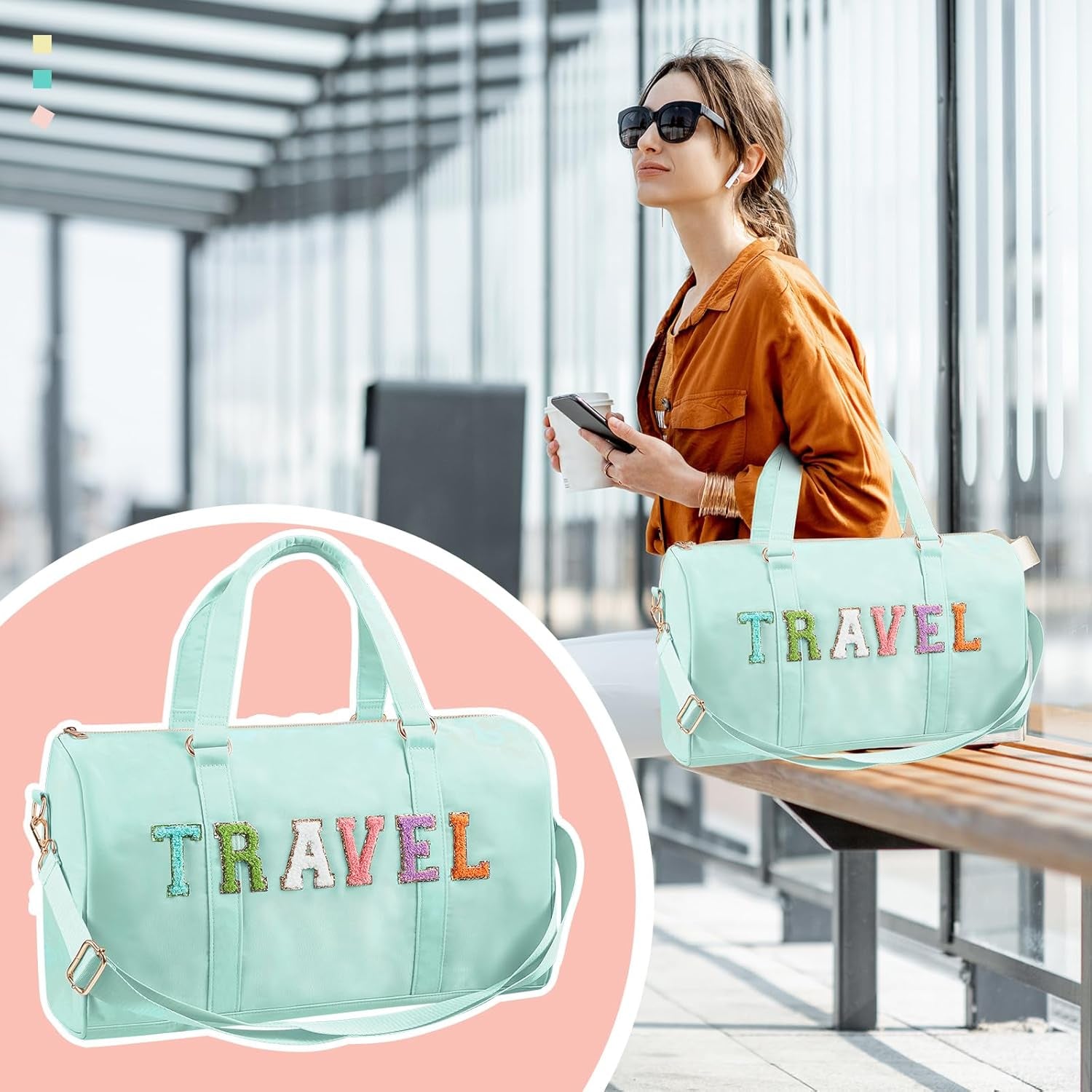 2 Pcs Travel Preppy Duffle Bag and Chenille Letter Makeup Pouch Cosmetic Zipper Patch Makeup Tote Bag(Mint Green)
