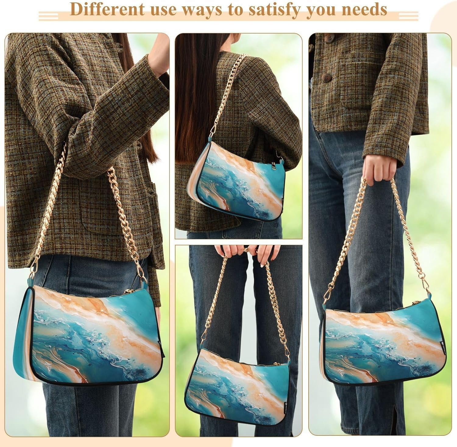 Shoulder Bags for Women Teal Green Turquoise Orange Marble Hobo Tote Handbag Small Clutch Purse with Zipper Closure