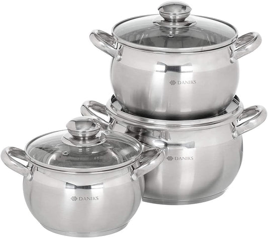 Daniks Classic Stainless Steel Kitchen Induction Pot Cookware Set | 6-Piece | Dishwasher Safe Pots with Lid | 2 Quart + 3 Quart + 4 Quart | Measuring Scale | Silver