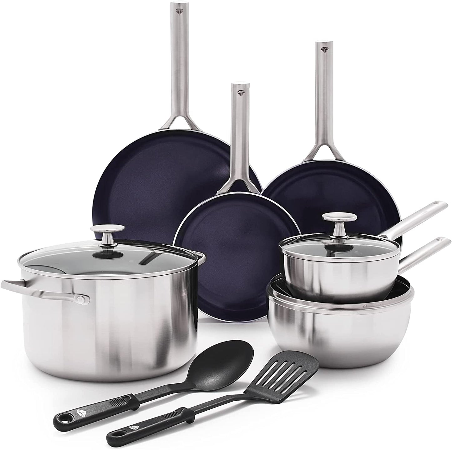 Blue Diamond 11 Piece Cookware Set, Stainless Steel Tri-Ply, Induction Compatible, Diamond Infused Ceramic Nonstick, PFOAS and PFAS Free, Dishwasher Safe, Metal Utensil Safe, Scratch Resistant, Silver